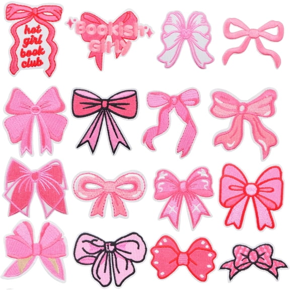 AGNURCADE 16Pcs Pink Coquette Bow Iron/Sew On Patches, 16 Styles Embroidered Bowknot Appliques for Clothing