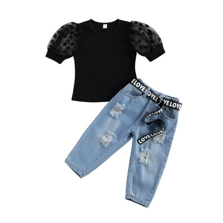 

Yinyinxull Kids Baby Girl Jeans Sets Short Sleeve Tops Elastic Waist Denim Pants Clothes Black 4-5 Years