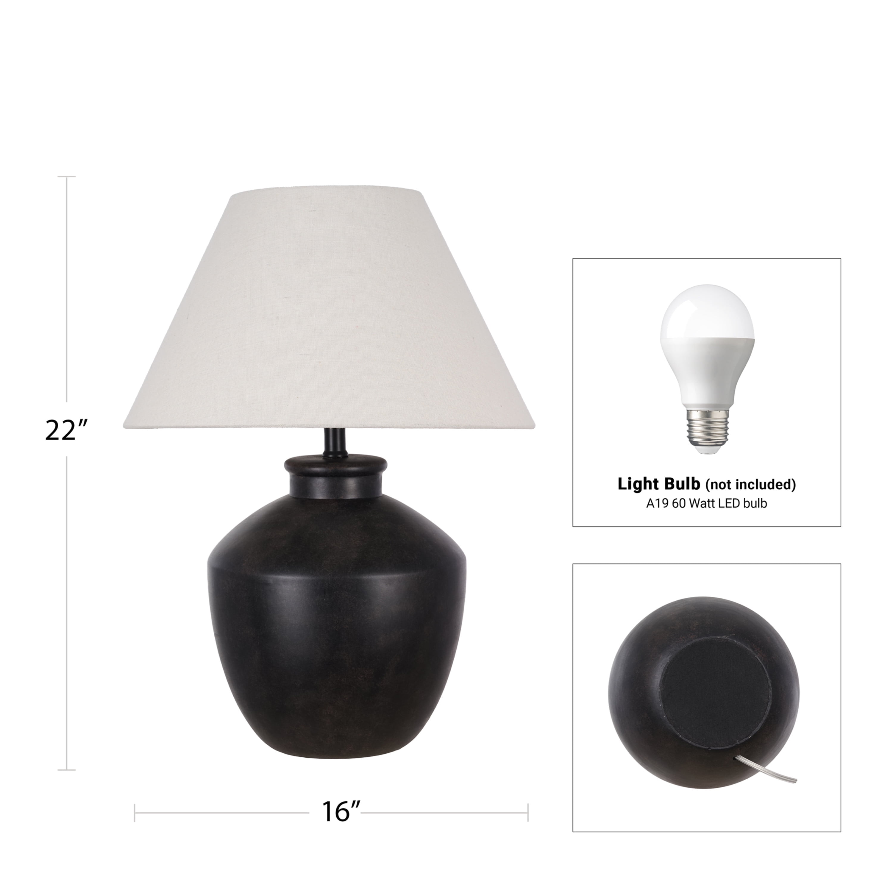 My Texas House 22'' Table Lamp with White Fabric Empire Shade Transitional Table Light Fixture for Living Room, Bedroom or Office, Black