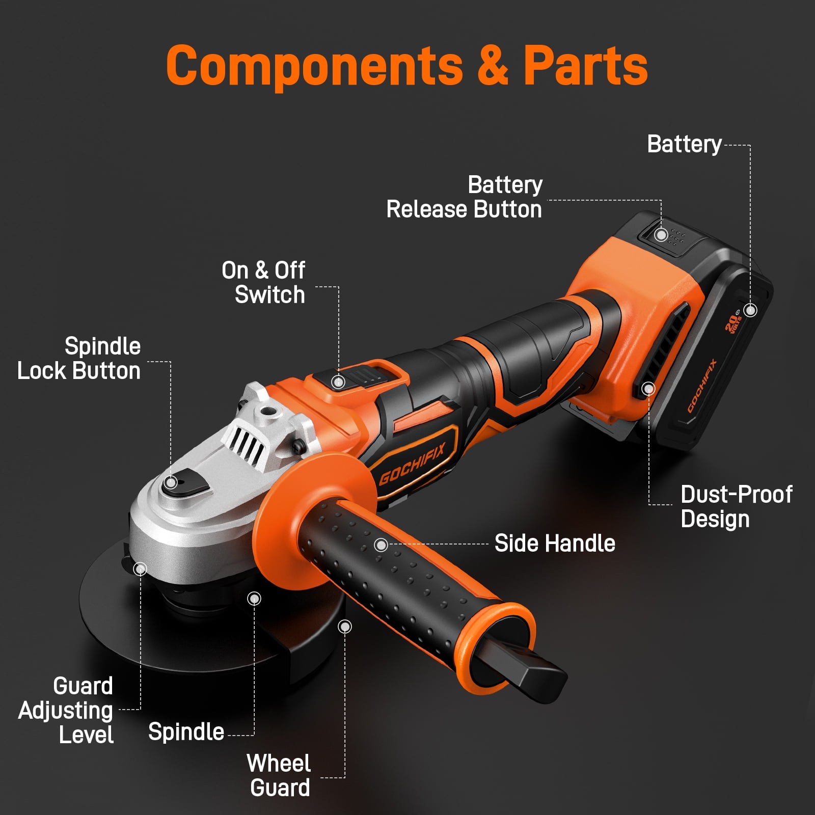 GOCHIFIX 20V Cordless Angle Grinder Kit with 4.0Ah Battery, 8000RPM Brushless Motor, 4-1/2 inch Portable Cut off Power Tool for Grinding Cutting and Polishing, Ergonomic 3-Position Auxiliary Handle