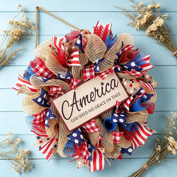 250th Anniversary Patriotic American Wreath,4th of July Wreath for Front Door,Memorial Day Independence Day Decor, Red White and Blue Farmhouse Hanging Ornament