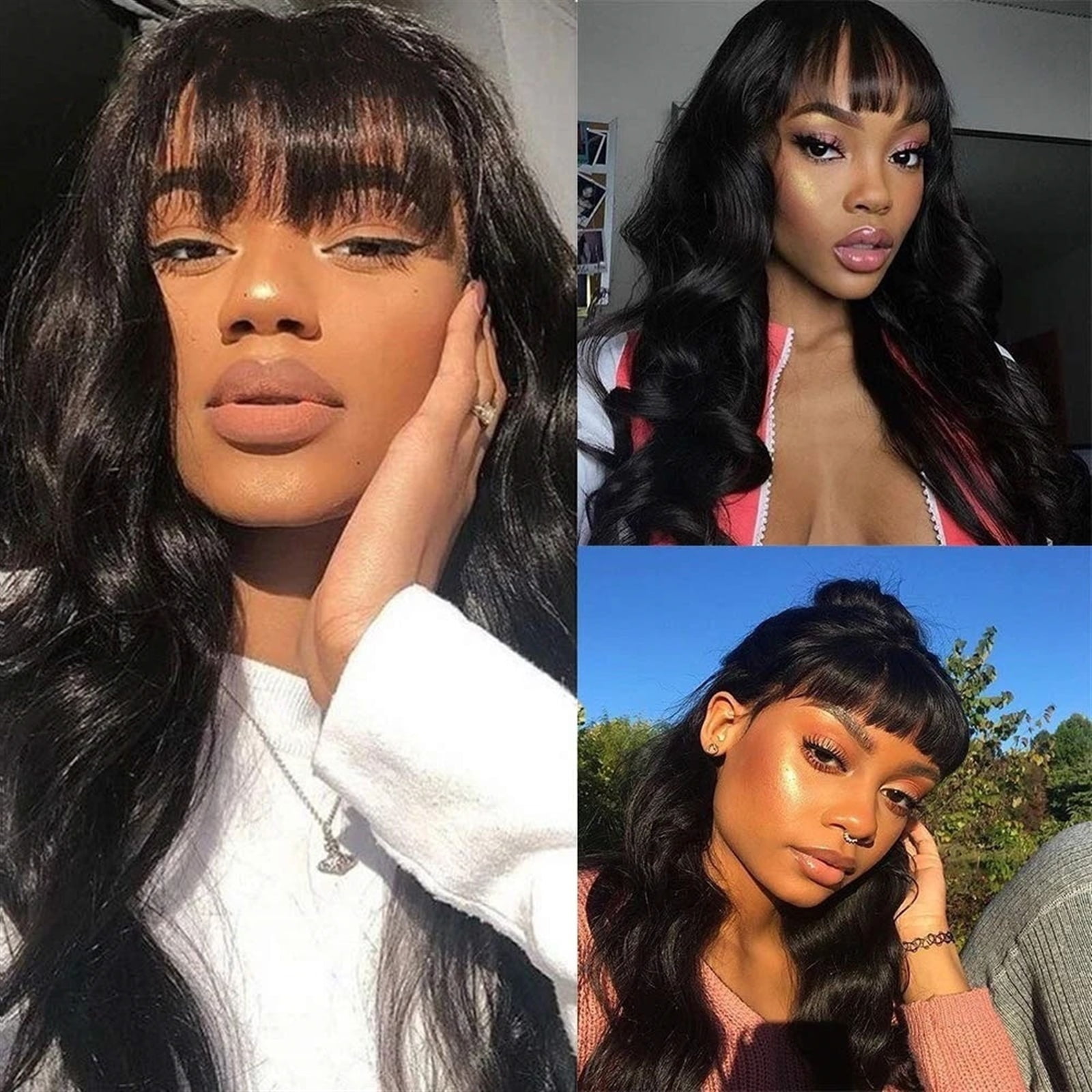 Wig with Bangs Human Hair Body Wave None Lace Front Wigs for Black Women 14-40 Inch Long Glueless Full Machine Remy Hair Wig, Natural Color