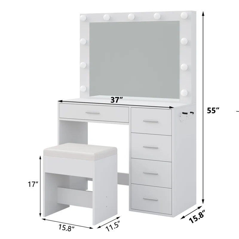 Vanity Desk With Power Outlet, Makeup Table With Lighted Mirror, 3-Color Adjustable Lighting, Drawers, Black Vanity Table Set For Women & Girls