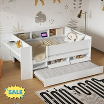 Tcbosik Twin Size Daybed with Trundle and USB Ports, Sofa Bed with Side Table and 2 Drawers, Wood Bed Frame with Shelves and Guardrail for Bedroom, Living Room, Guest Room, White