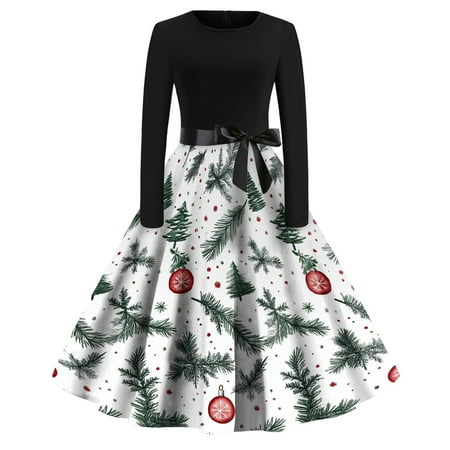 

Women s Christmas Printed Round Neck Big Hem Skirt Pleated Skirt Long Sleeved Dress 2024 Fall Winter New Skirt Pleated Skirt Dressn for Women