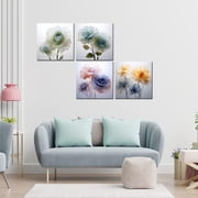 Flower Wall Art for Bathroom Bedroom Living Room Blue Orange Wall Decor Floral Painting Canvas Print Picture for Home Decorations Framed Artwork Ready to Hang (12x12inchx4)