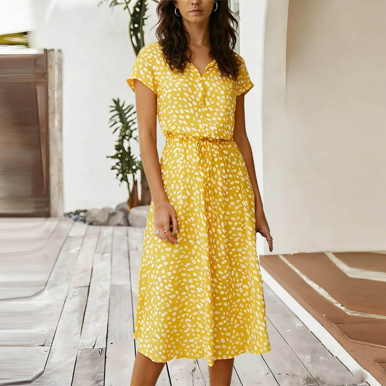 Vekdone Women's Summer Short Sleeve Chiffon Dress Button V Neck Boho Polka Dot Midi Dress Loose Fit Tie Waist Flowy Beach Sundress Yellow S, Size: