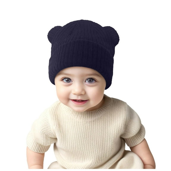 Povozer Kids Winter Knitted Beanie Hat Pompom Ears Ski Hat for Boy Girl(Navy,3-36M)