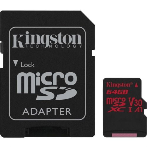 Kingston Canvas React - Carte Mémoire Flash (Adaptateur microSDXC vers SD Inclus) - 64 GB - A1 / Vidéo Classe V30 / UHS-I U3 / Class10 - microSDXC UHS-I