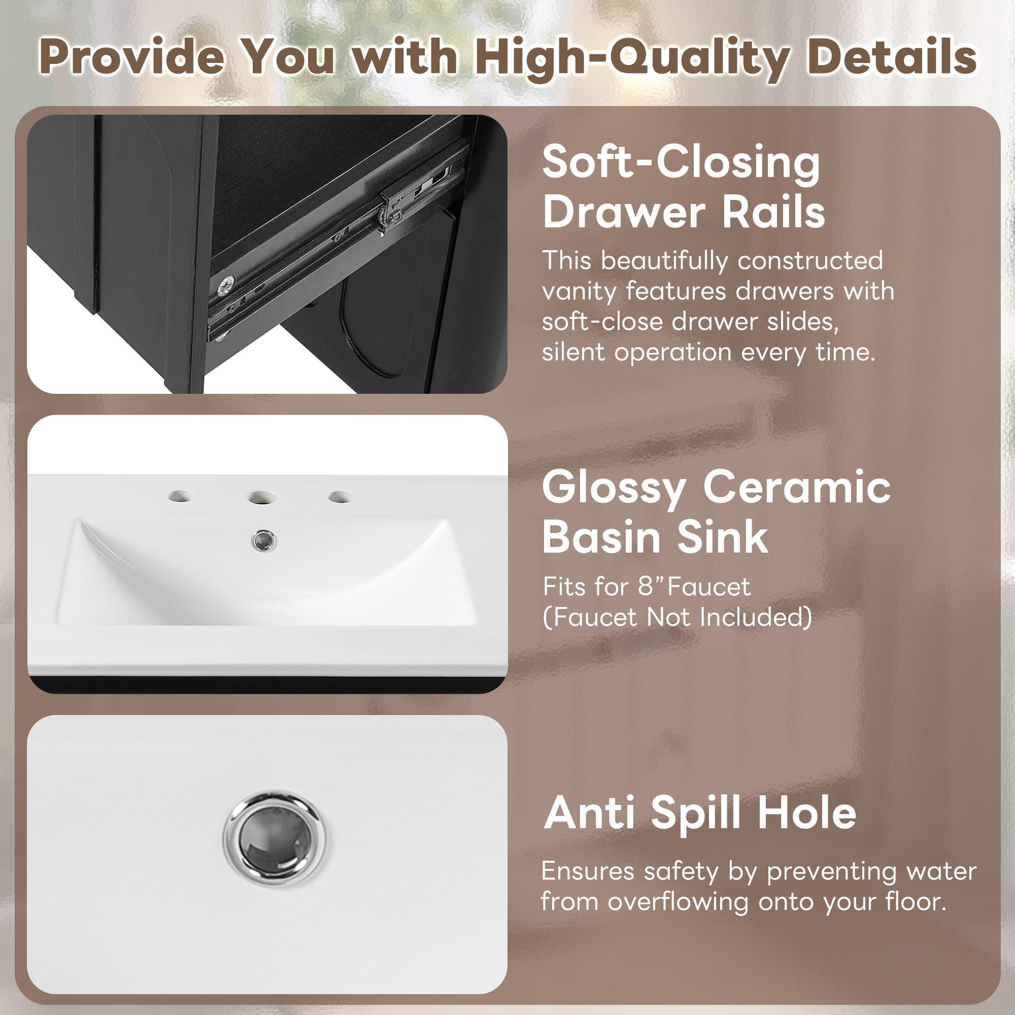 30" Modern Floating Bathroom Vanity with Oval Knobs & Round Edge, Soft-Close Drawer Slides, Bathroom Cabinet with Ceramic Sink