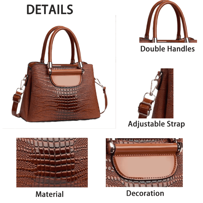 PORT&LOTUS Luxury Patent Leather Crocodile Print Satchel for Women - Stylish Top Handle Bag with Detachable Crossbody Strap