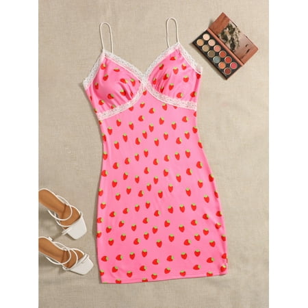 

Multicolor Elegant Women s Plus Strawberry Print Contrast Lace Cami Dress 2022 1XL(14) Y060D