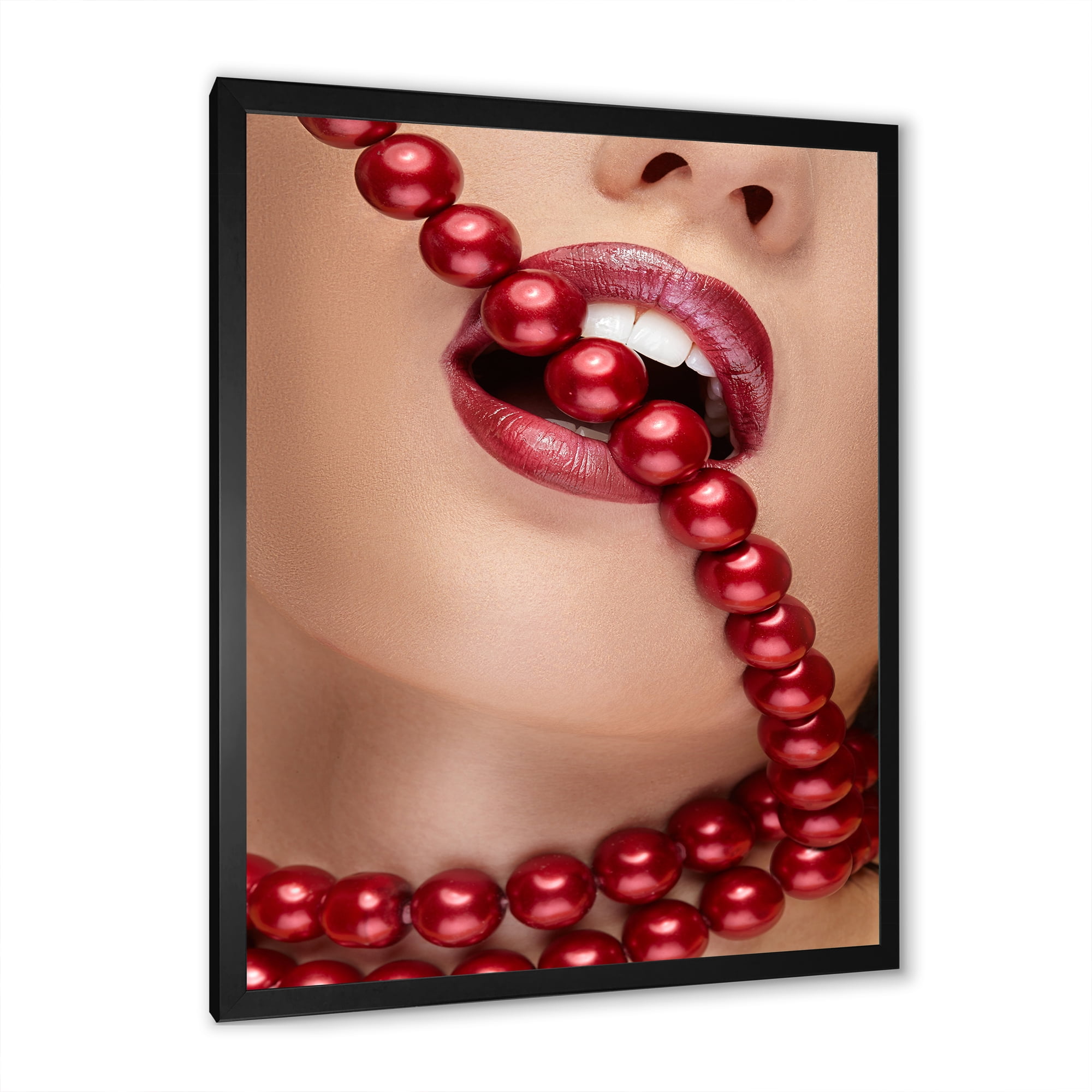 Designart 'Girl Mouth With Red Lipstick Biting Red Pearls' Modern Framed Art Print
