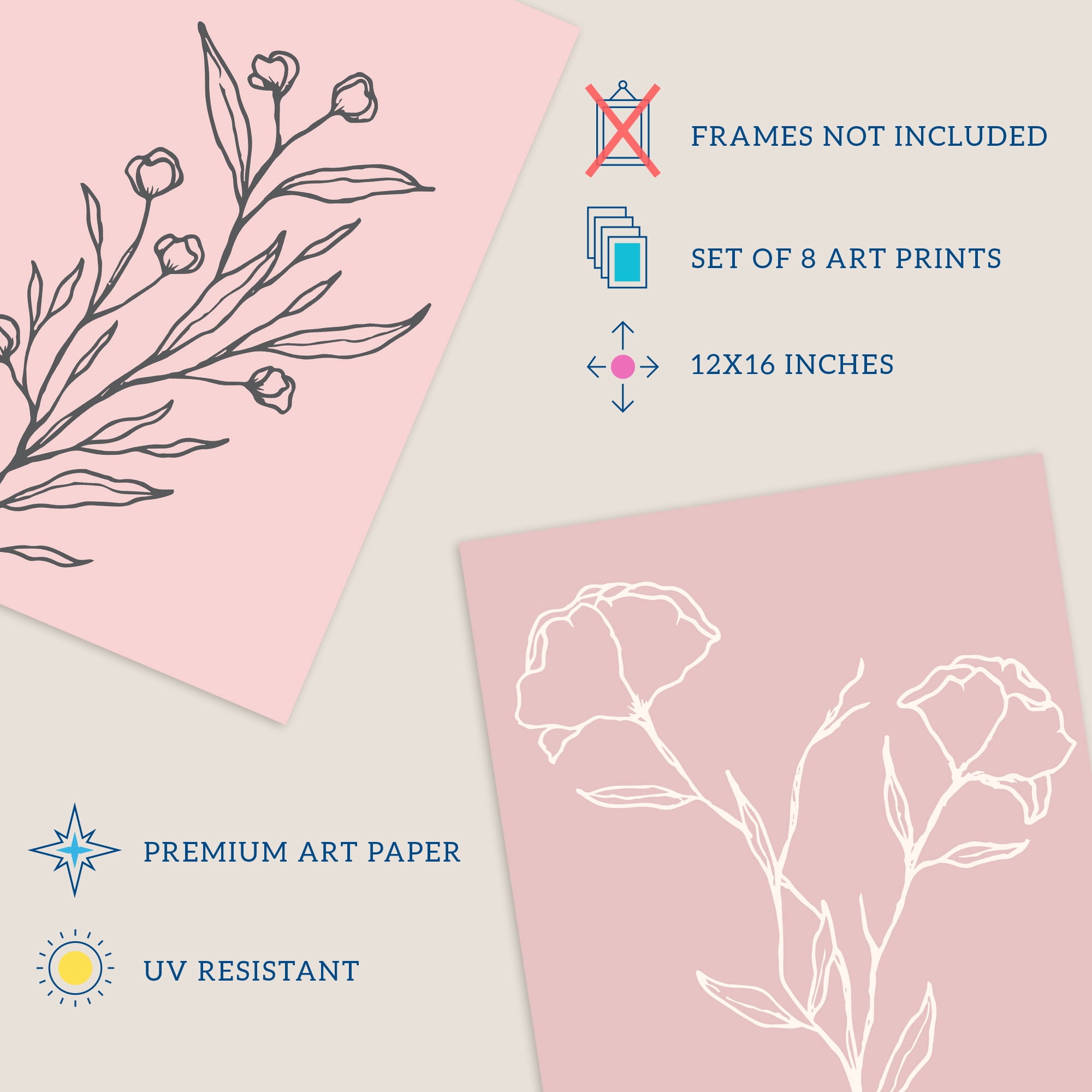 Pack of 8 Pastel Pink Line Art Wildflower Outline Modern Floral