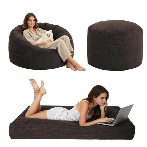 Giant Bean Bag Chair Bed 5FT Queen Brown Convertible Bean Bag Sofa to Mattress | Memory Foam Filled,For Adults/Teens/Kids,Machine Washable Cover, Lazy Sofa