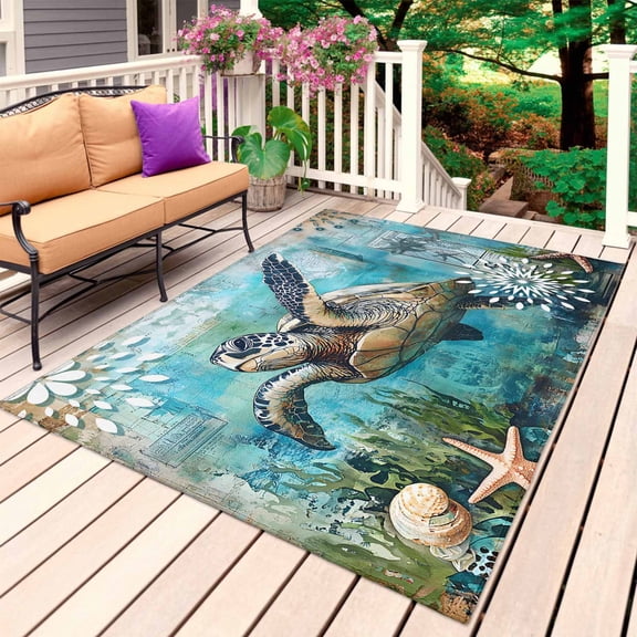 Coastal Sea Turtle Outdoor Rug for Patio/Deck/Porch, Non-Slip Large Area Rug 5 x 7 Ft, Nautical Beach Starfish Coral Teal Indoor Outdoor Rugs Washable Area Rugs, Reversible Camping Rug Carpet Runner