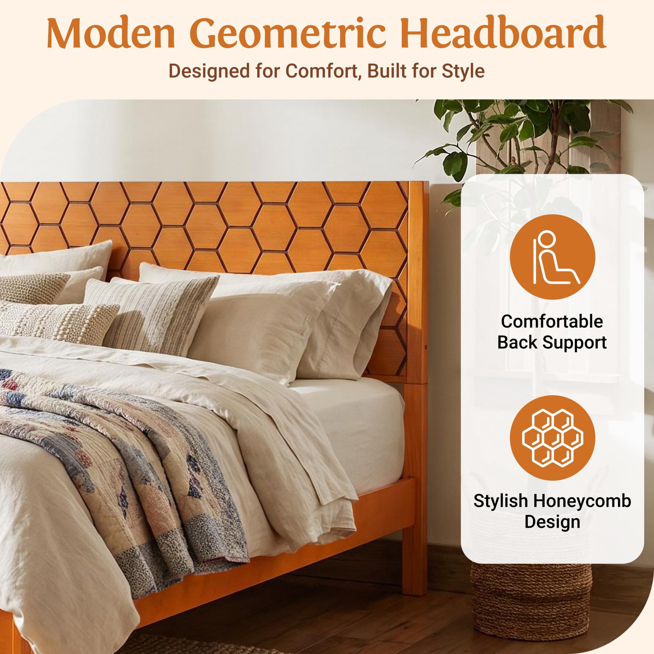 Christopher Knight Home Modern King Wooden Platform Bed Frame With Honeycomb Headboard, Golden Oak