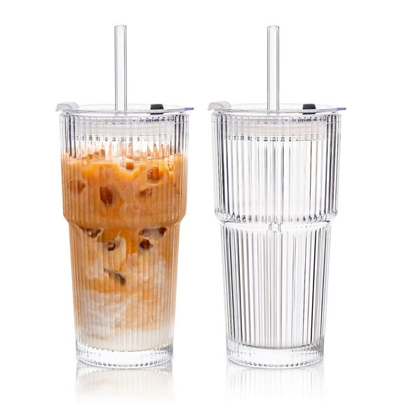 KEMORELA 2-Pack Ribbed Glass Tumblers with Lids & Straws – Vintage Iced Coffee Cups, Reusable Smoothie & Cocktail Drinking Glasses, Clear Glassware for Home or Cafe