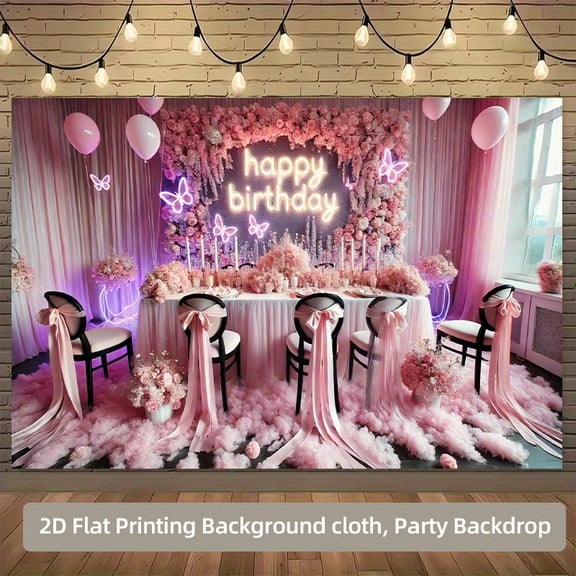 Pink Birthday Party Backdrop for Women Girl Pink Floral Butterfly Happy Birthday Photography Background Glow Neon Happy Birthday Party Decorations Banner Photo Booth Props