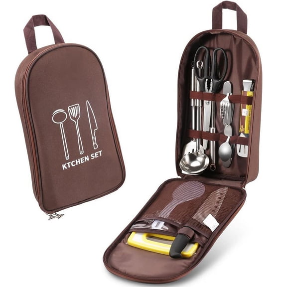 Portable Camping Cooking Utensils Organizer Bag, Heavy-Duty Polyester Travel Kitchen Storage Pouch with Multi-Compartments for BBQ, Hiking, Picnics & Outdoor Cooking （No kitchenware）