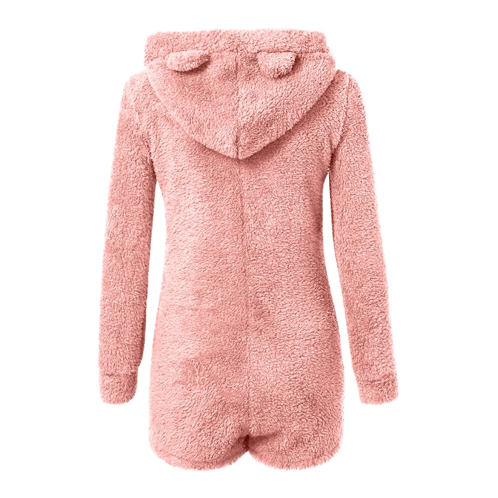 Womens Fleece Pajama Romper with Hoodie New Women's Warm Hooded Ears Hooded Jumpsuit Long Sleeve Shorts Zipper Jumpsuit Pocket Sleepwear Home Clothes Style B-4 Pinky S