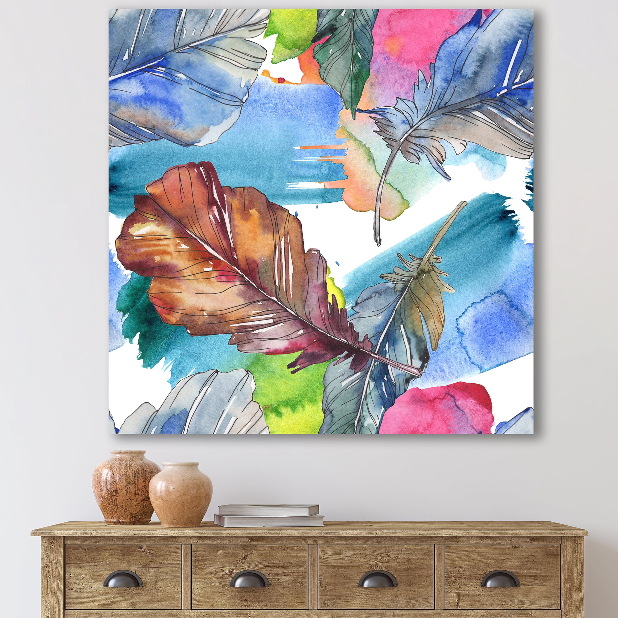 Designart ' Bird Feather In Pink and Blue ' Traditional Canvas Wall Art Print
