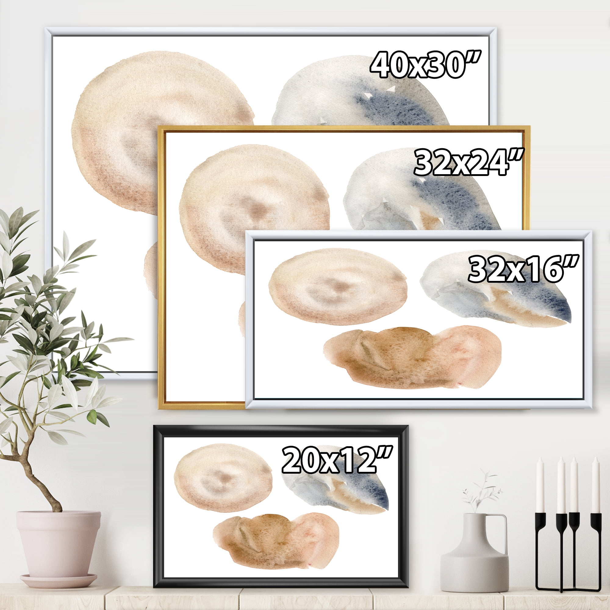 Holiday Set With Abstract Beige and Blue Circle Spot 40 in x 30 in Framed Painting Canvas Art Print, by Designart