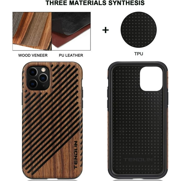TENDLIN Compatible with iPhone 11 Pro Case Wood Grain Outside Design TPU Hybrid Case (Wood & Leather)