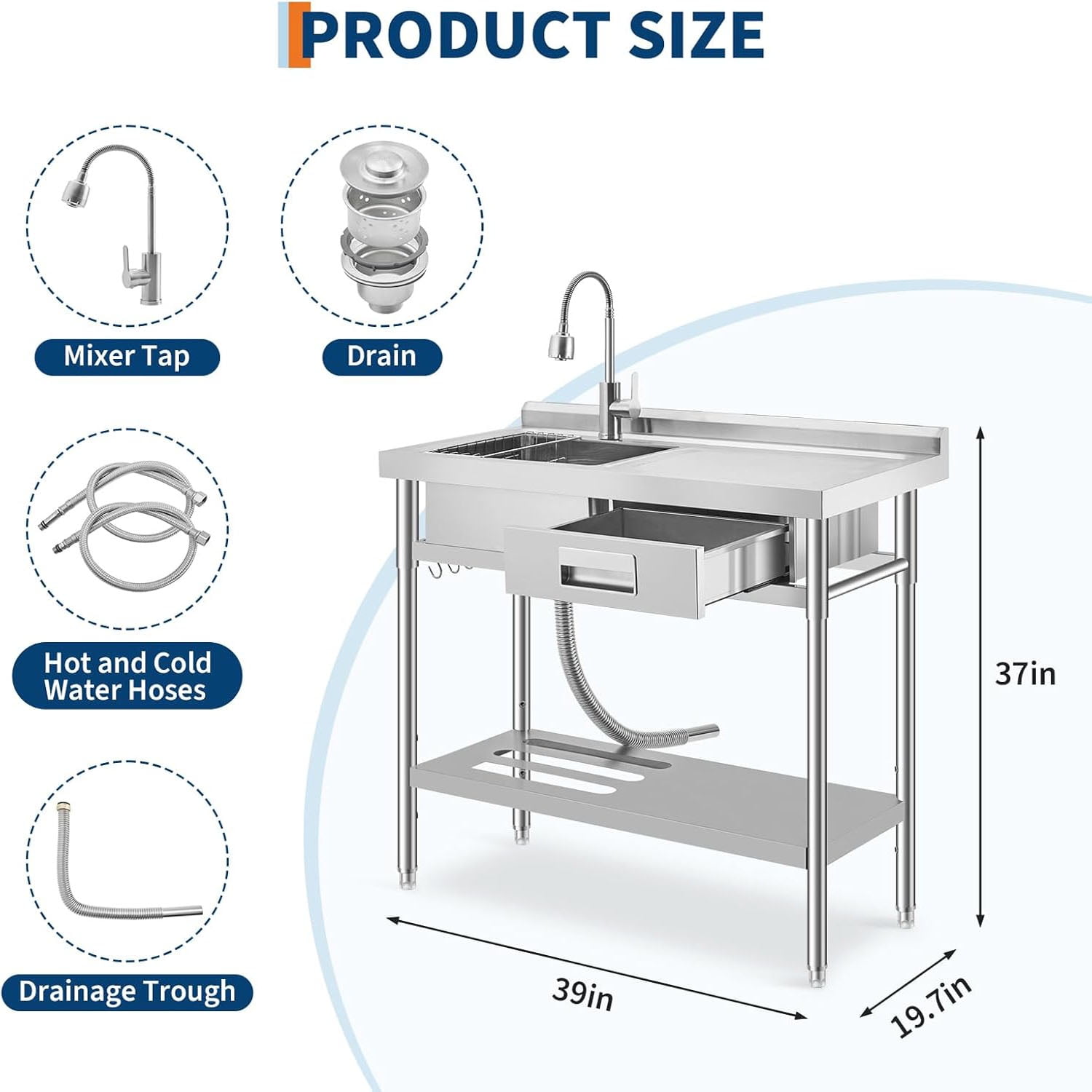 Ataucjin Stainless Steel Laundry Utility Sink, Freestanding Single Bowl Kitchen Sink with Hot & Cold Water Faucet, Built-In Wash Board, Drawer, Drain Basket, Dish Rack for Laundry Room, Garage