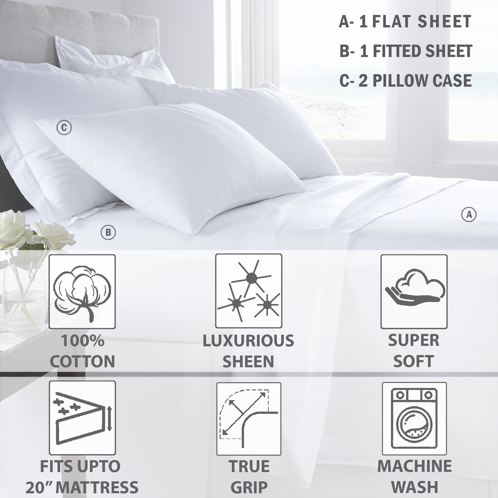 Hotel Luxury 3 PCs Set 1 Flat Top Sheet & 2 Pillow Case Cotton Ivory Stripe 