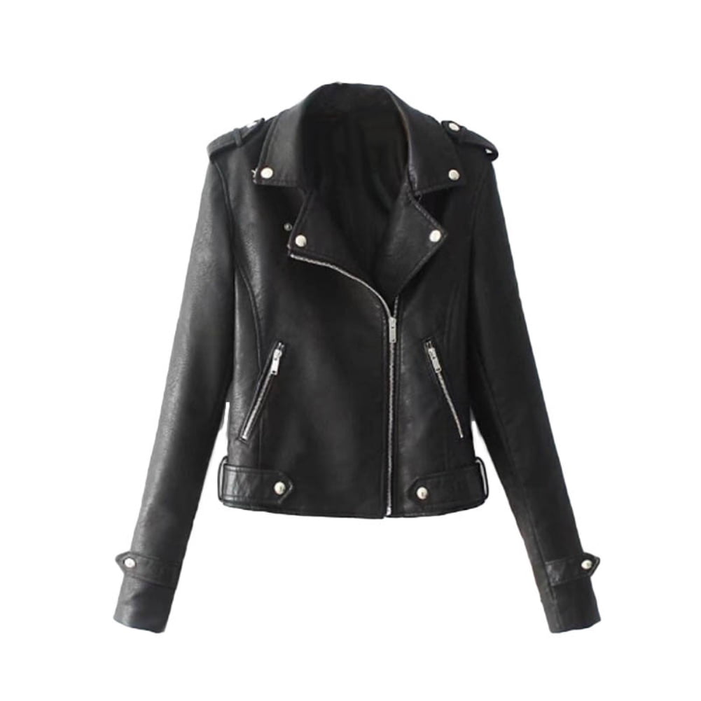 Hevirgo Solid Color Women Faux Leather Lapel Motorcycle Jacket Long Sleeve Zip Up Coat