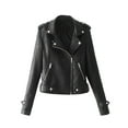 thumbnail image 2 of Flmtop Solid Color Women Faux Leather Lapel Motorcycle Jacket Long Sleeve Zip Up Coat, 2 of 7