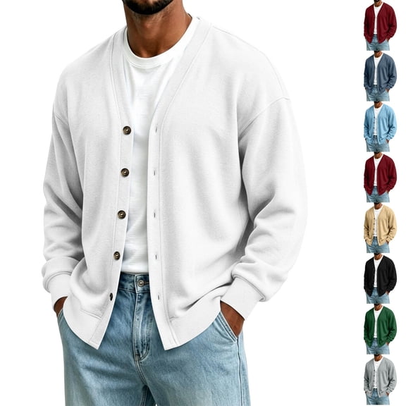 Dwellite Mens Cardigan V Neck Sweater Lightweight Button Slim Fit Soft Fall Winter Jacket Fashion Solid Color Sweater White M