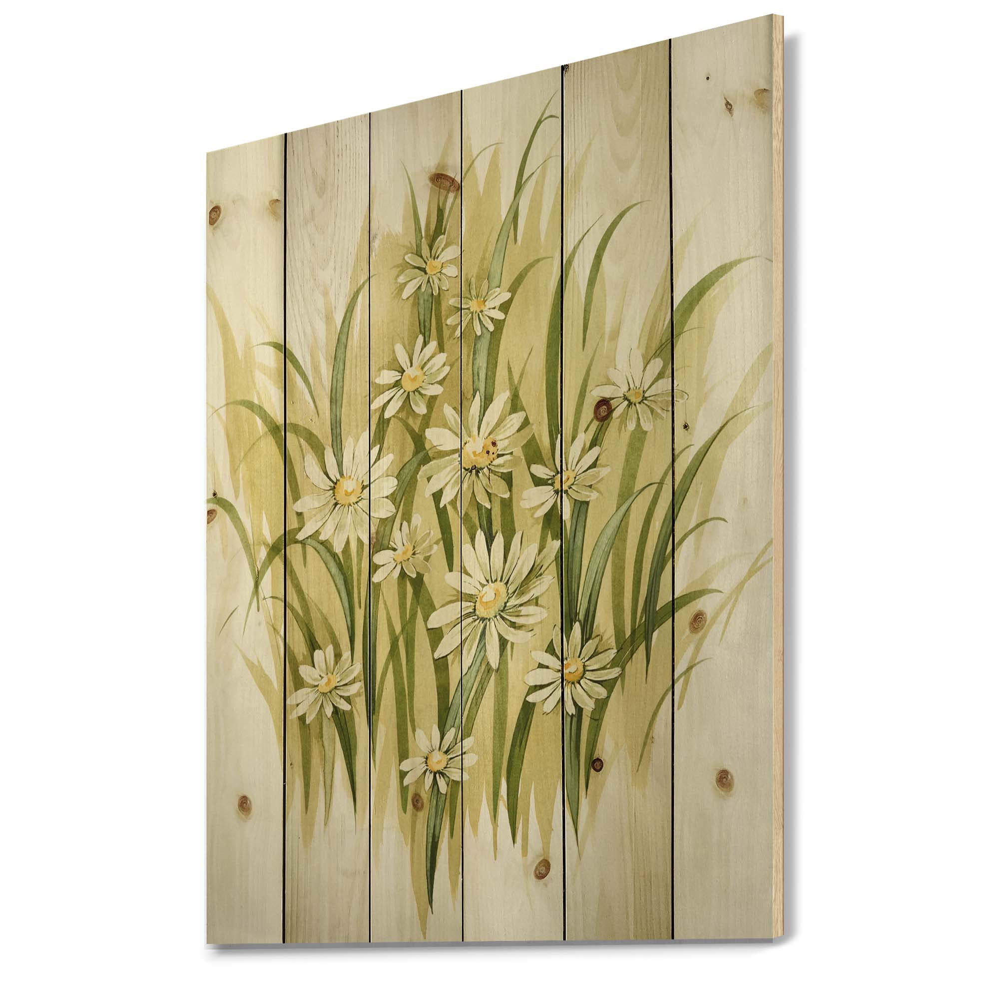 Designart 'Abstract White Meadow Flowers' Traditional Print on Natural Pine Wood