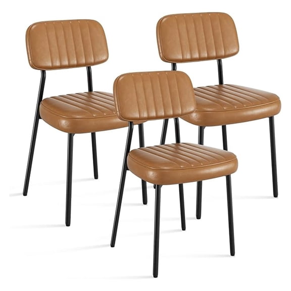 Dining Chairs Set of 3, Modern Faux Leather Dining Chairs with Thick Cushions Seat Back and Metal Legs, Comfy Upholstered Kitchen Chairs for Dining Living Room (Caramel)