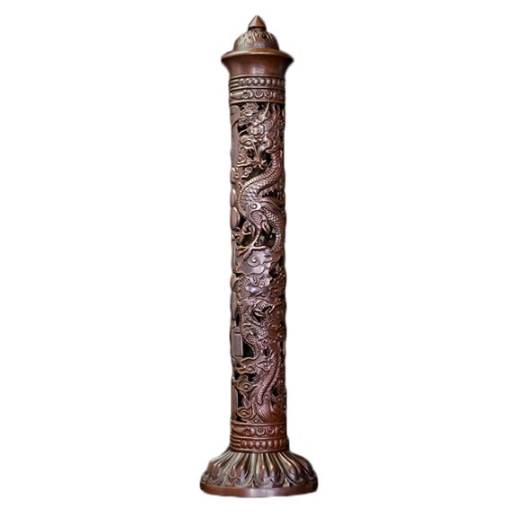 Antique Vintage Copper Vertical Incense Stick for Burner Hollow Out Carved Dragon Phoenix Metal Tower Ash Catcher Censer