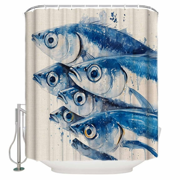 54x78 Inch Shower Curtain Decorative Coastal Fishes Bathtub Bath Curtains Fabric Waterproof Bathroom Decor Blue Animal Watercolor Ocean Beige Small Stall Shower Curtain Set with 12 Hooks