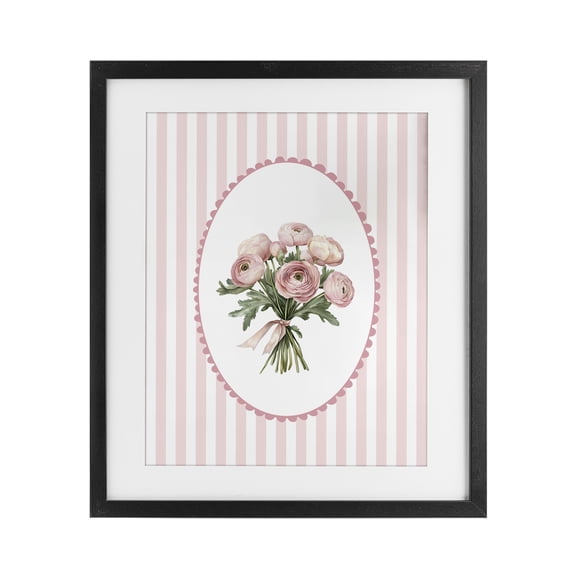 Peony Bouquet on Gentle Stripes Black Framed Print Under Glass, design by Christine Simpson Art