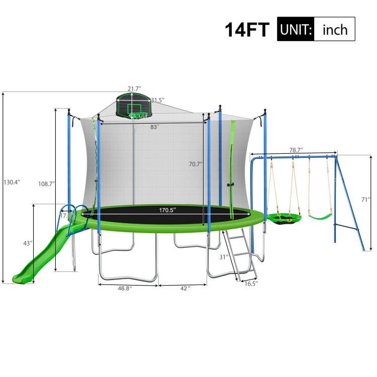 14FT Trampoline for Kids & Adults,Trampoline Set with Swing Slide Basketball Hoop and Ladder, Recreational Trampolines with Safety Net for Outdoor Indoor for Family Outdoor Activities, Green