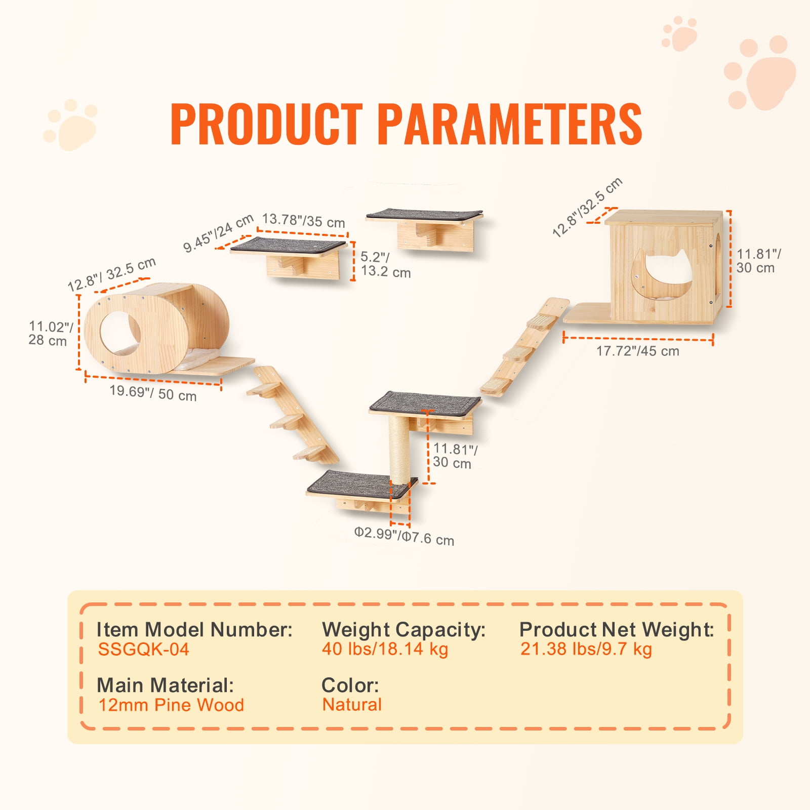 KFFKFF Wall-Hanging Cat Platforms, Feline Wall Perches & Jump Platforms, Beds, Hammocks & Climbing Tree, Cat Wall Furniture up to 40 lbs for Rest, Play & Climb, 7-Piece Set