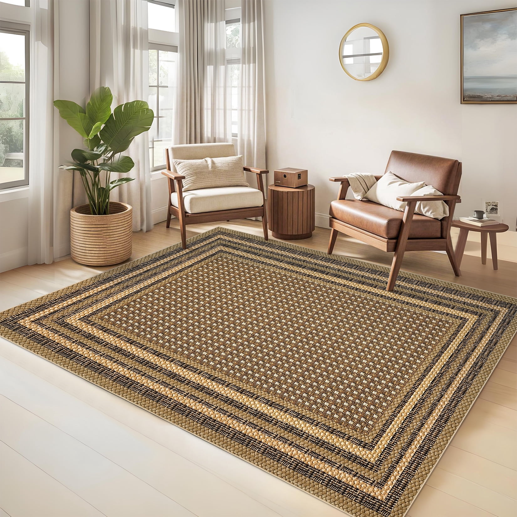 Garvee 8'x10' Bordered Print Area Rug Washable Rugs, Non Slip Modern Geometric Rug Stain Resistant Indoor Carpet for Living Room Bedroom Dining Room, Linen