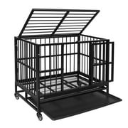 Walcut 37" Heavy Duty Dog Crate Metal Cage & Kennel with Removable Tray,Two Doors with Wheels(Black)