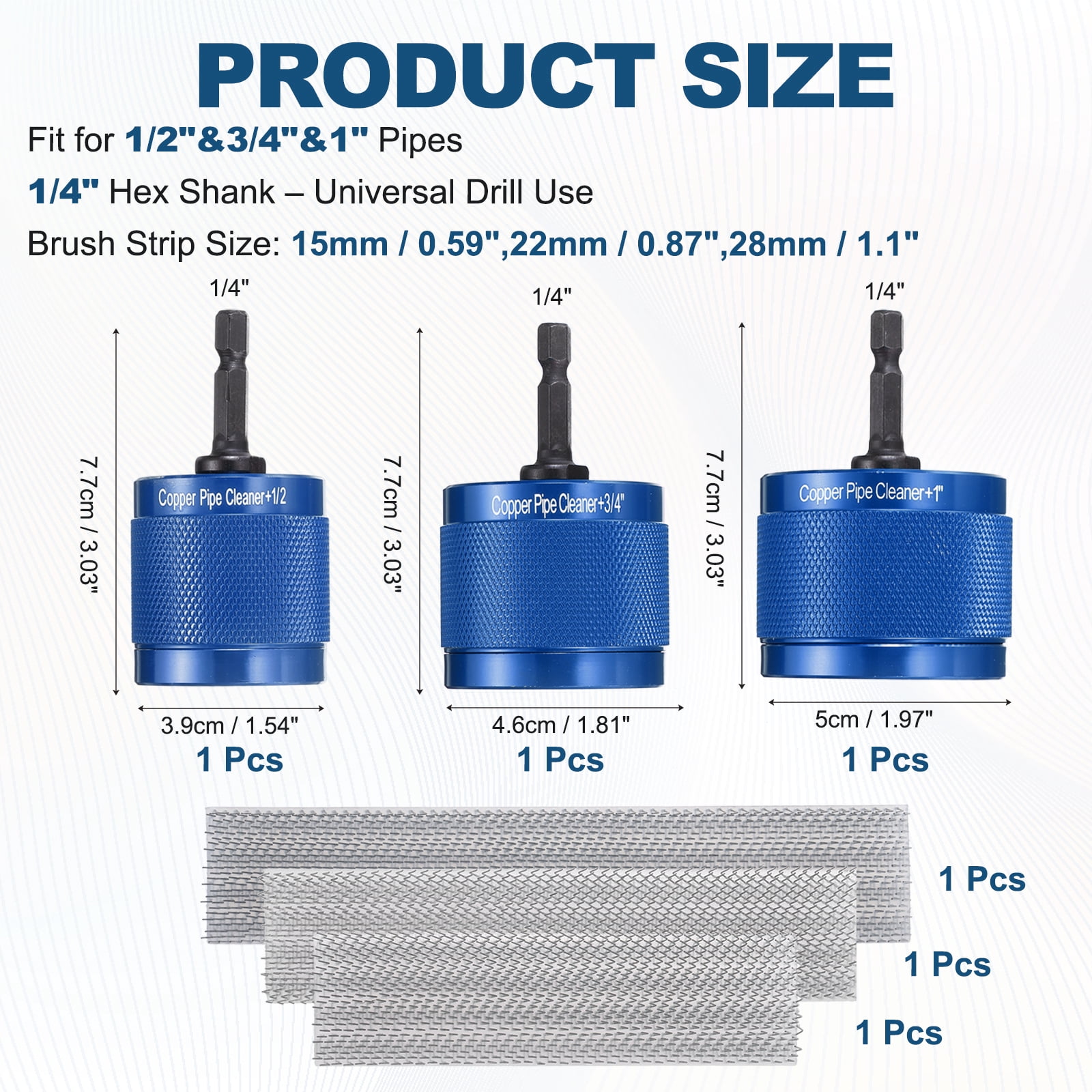 Uxcell 1/2"&3/4"&1" 1/4" Metal Copper Pipe Cleaner Set, Hex Drill Powered Pipe Brush Replacement Plumbing Tools with 3 Brushes for Removing Dust Rust Copper Various Metal Pipes, Blue