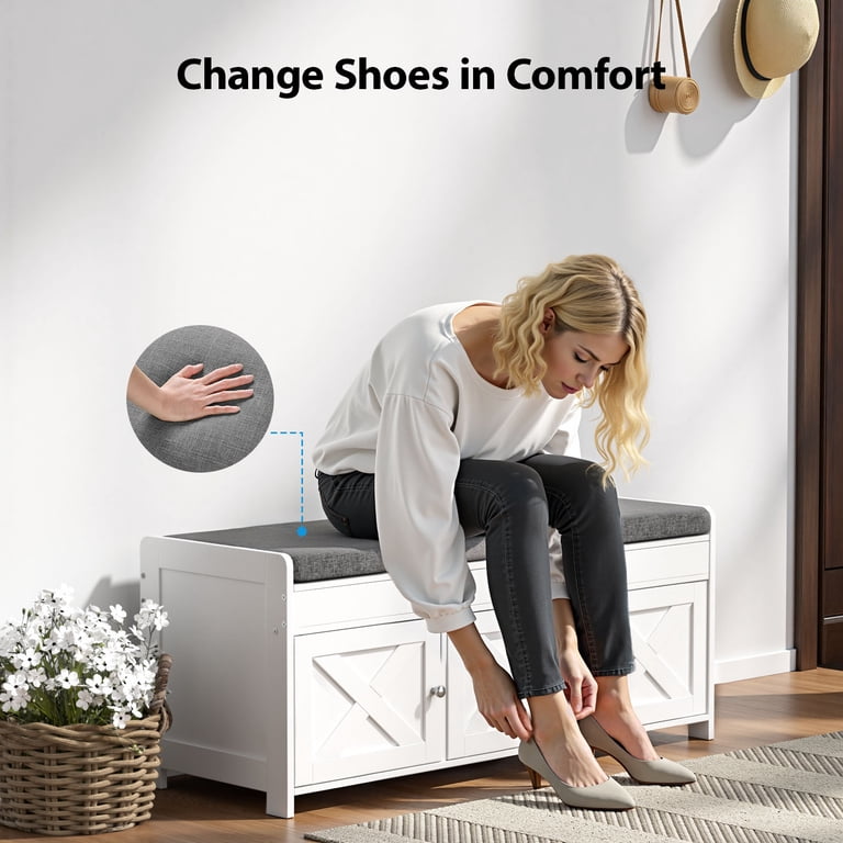 Chitooma 43.4" Shoe Storage Bench with Barn Doors, White photo 6