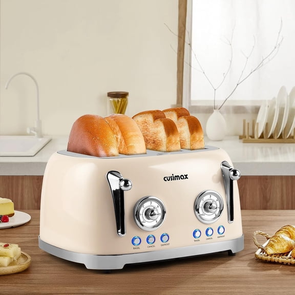 4 Slice Toaster - Retro Design with Extra Wide Slots, 6 Browning Settings, Dual Control Panels, and Bagel Function