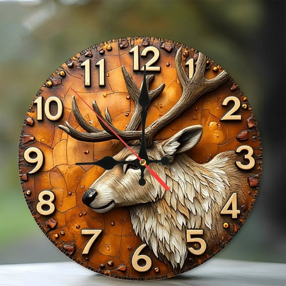 Deer Head Wall Clock Rustic Autumn Decor 10-Inch Silent Wooden Wall Clock, Battery Operated (AA Batteries Not Included), Artistic Home Decor