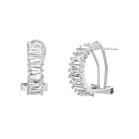 - Lesa Michele Women's White Cubic Zirconia Baguette Shape Post Clip Hoop Earrings in Rhodium Plated Sterling Silver