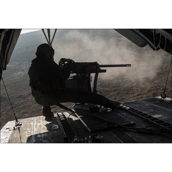 24"x36" Gallery Poster, usmc .50 caliber machine gun CH-53E Super Stallion helicopter