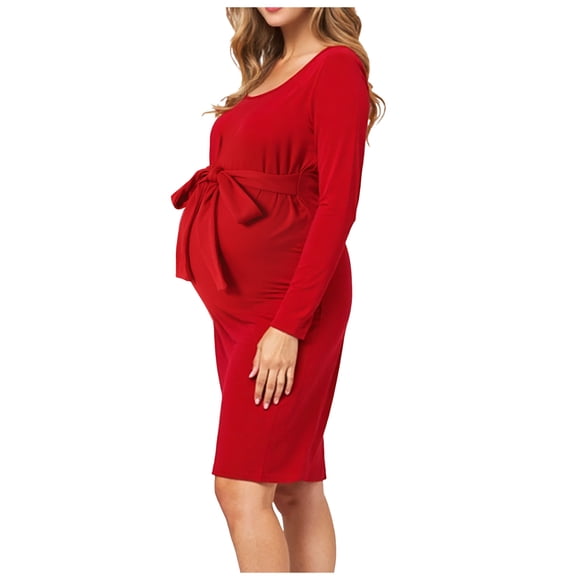 dmqupv Maternity Baby Shower Dresses Comfortable Soft Stylish Square Neckline Long Sleeves With Belt Maternity Dress For Women Wine,Size for M