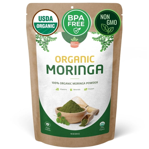 SPICY ORGANIC Moringa Powder (Moringa Oleifera) - 100% USDA Organic- Non- GMO Moringa Leaves Powder. Perfect for Use in Smoothies, Oatmeal, Tea, and a Myriad of Other Culinary Creations - 16 Oz.